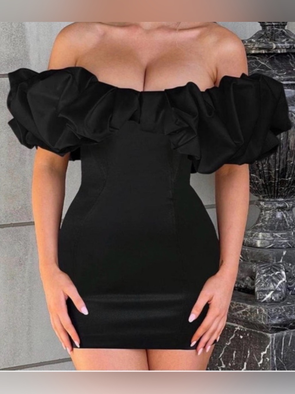 NWT Babyboo Allie Black Mini Dress Sz S Bodycon Off Shoulder Ruffle Night Out